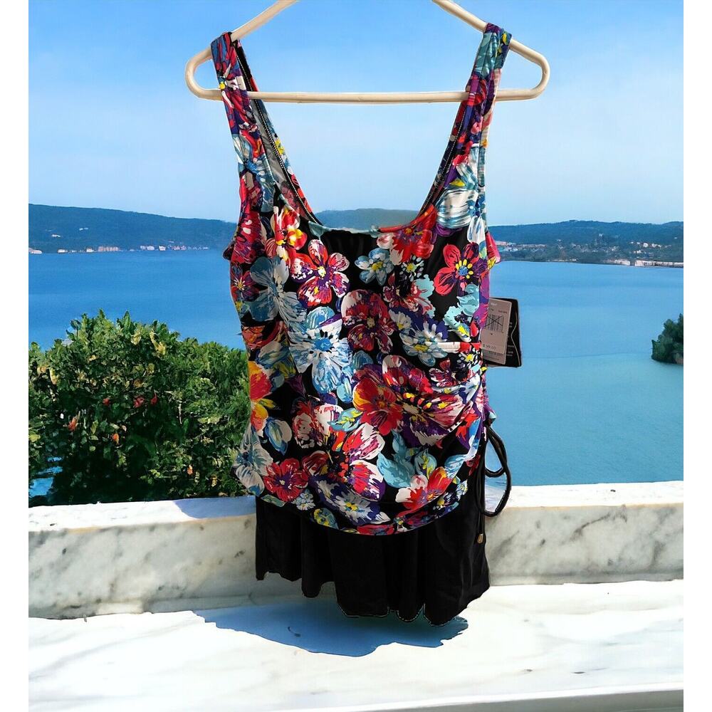 NWT Azul Womens Size 18 Swimā 1-Piece Swimdress Swimsuit Floral Top Black Skirt